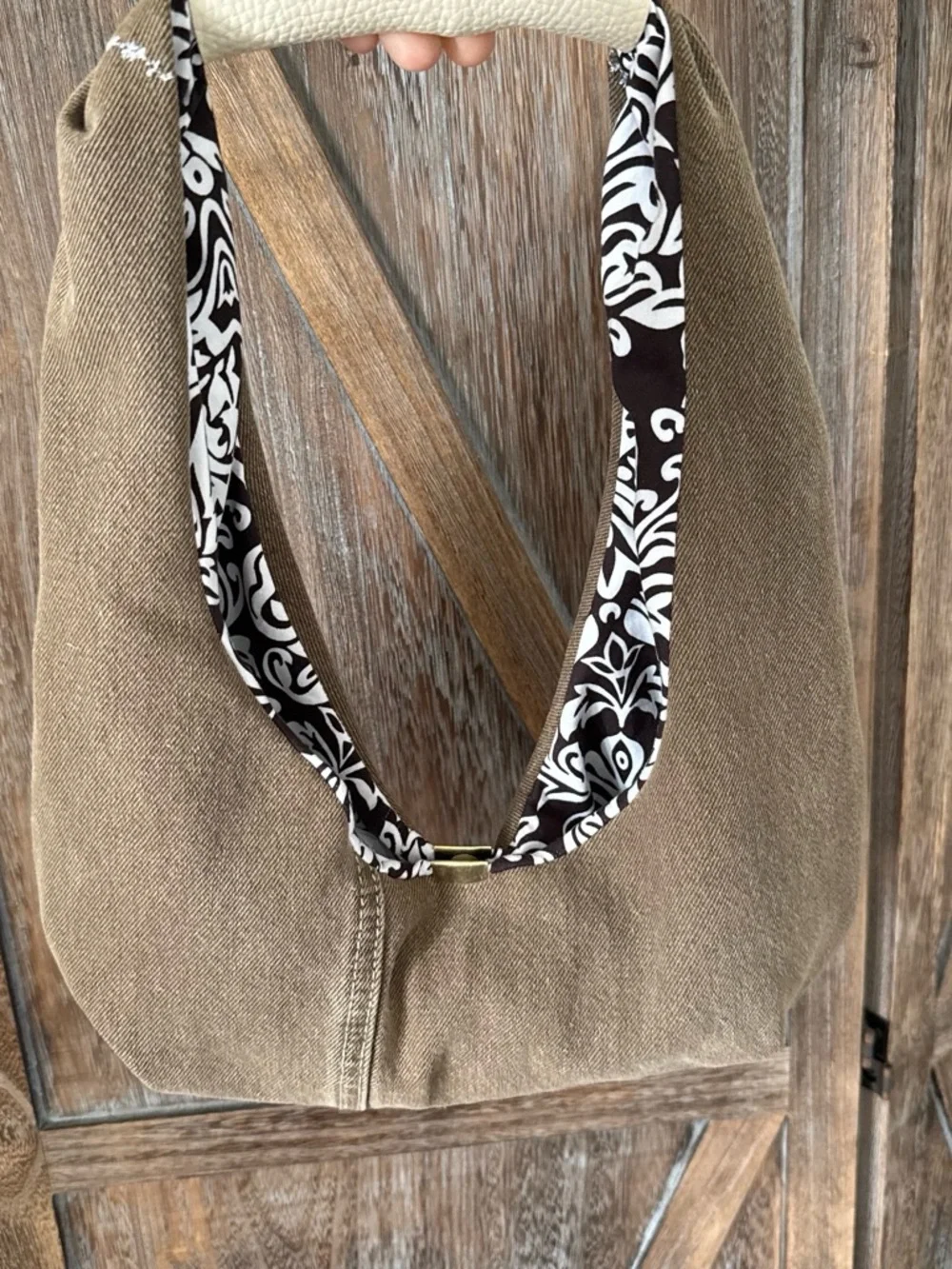 Brown Denim Shoulder Bag with Cream Accent & Patterned Lining